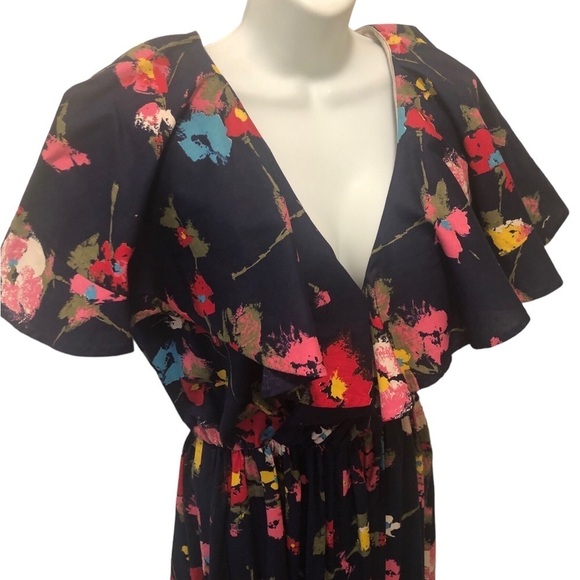 VTG 80’s Deep V Navy Floral Maxi Dress 12/14 Flowy Sleeve Collar Elastic Waist - Picture 4 of 8
